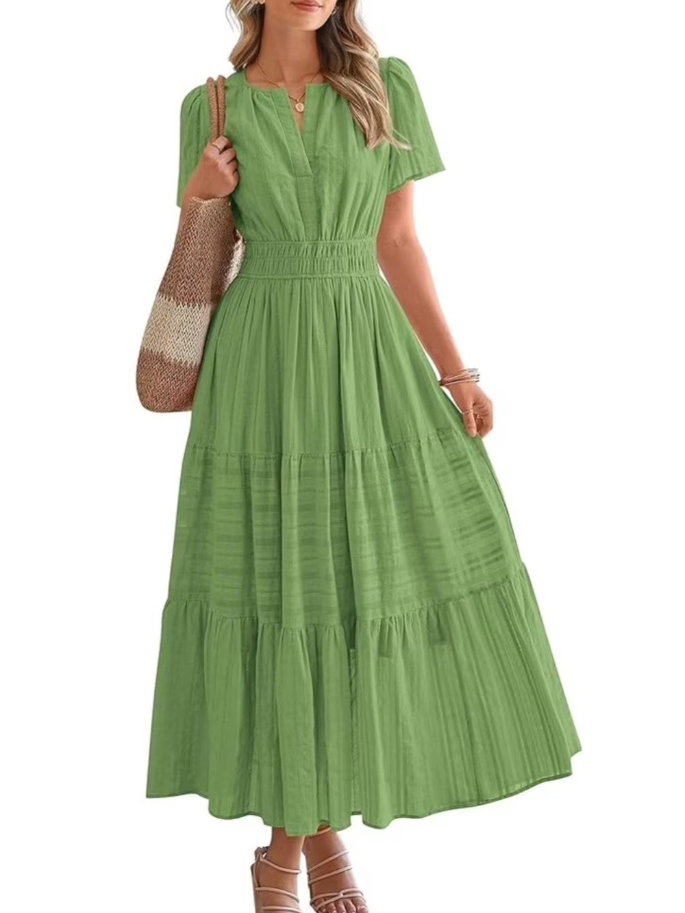 Tiered Green Maxi Dress with Smocked Waist